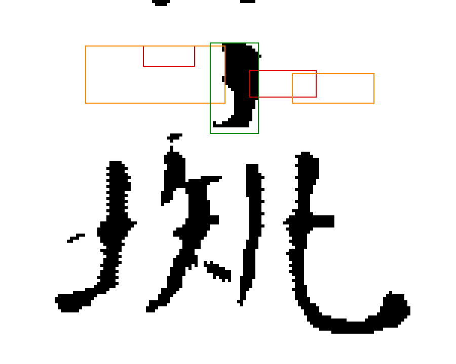 爭議字上疊有彩色方框:框住那一獨立筆畫的綠框滿是墨跡,標示橫筆應在位置的四個紅、橘框則空無一物