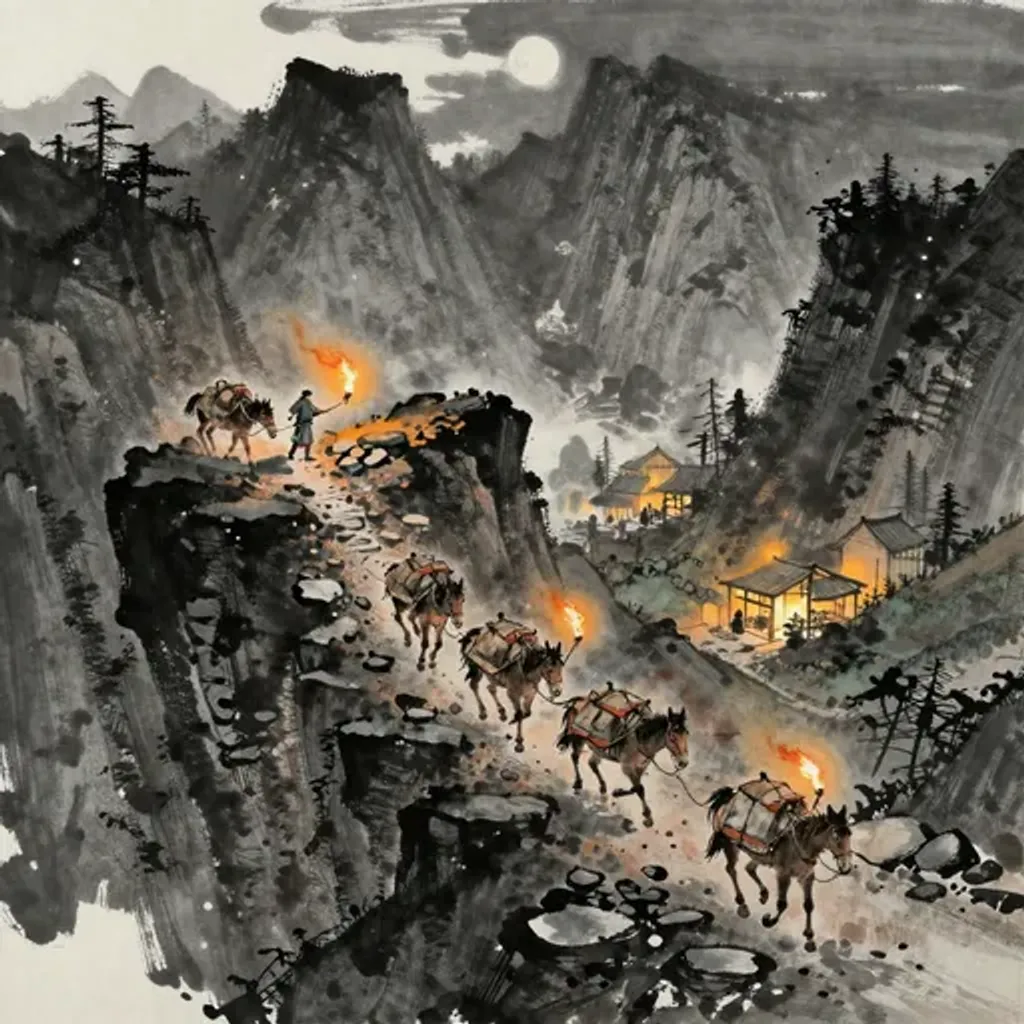 Ink brush artwork for the Yilin verse on Hexagram 10 changing to Hexagram 20