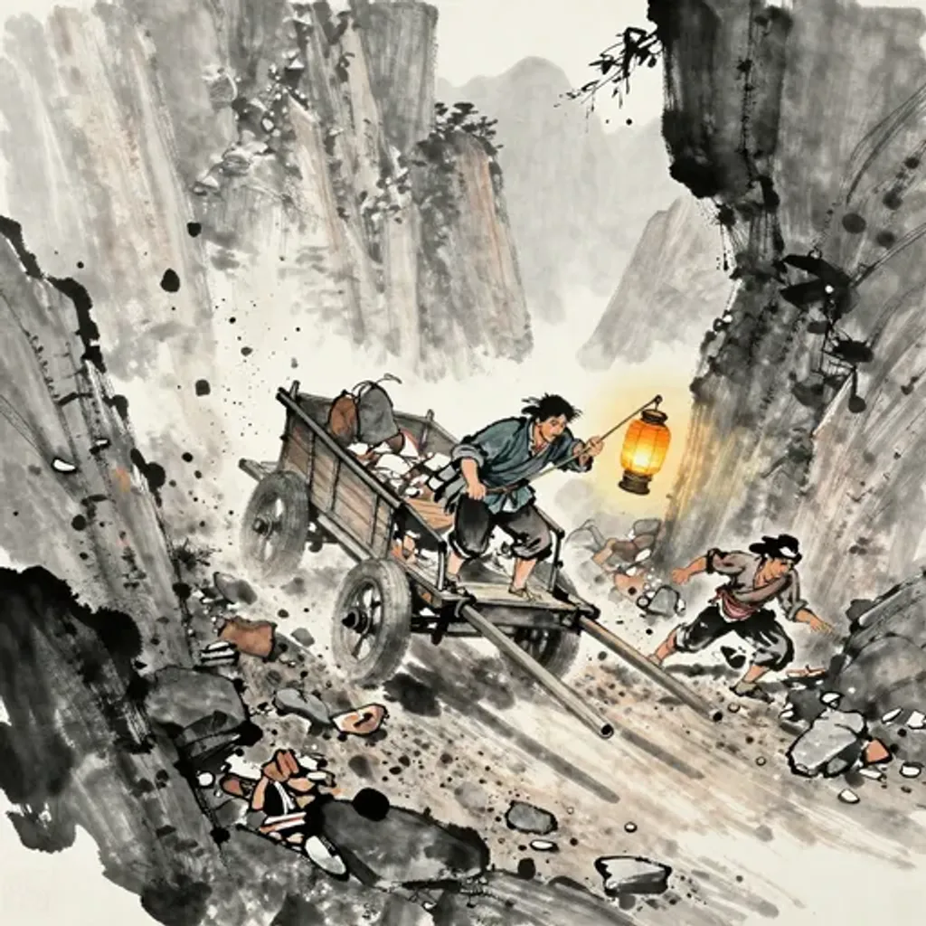 Ink brush artwork for the Yilin verse on Hexagram 10 changing to Hexagram 29