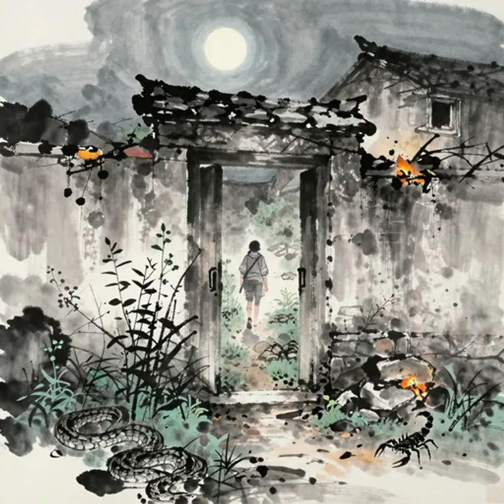 Ink brush artwork for the Yilin verse on Hexagram 10 changing to Hexagram 33