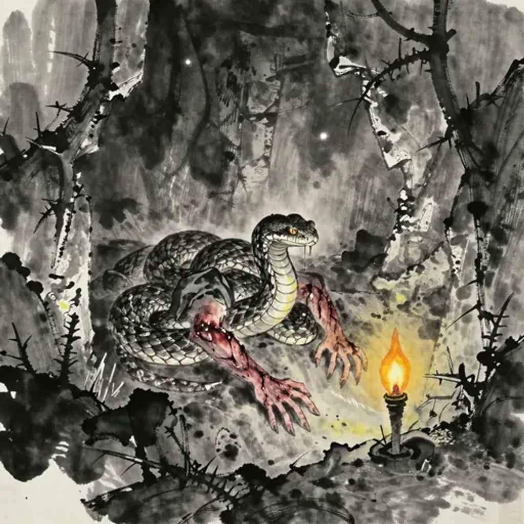 Ink brush artwork for the Yilin verse on Hexagram 10 changing to Hexagram 34