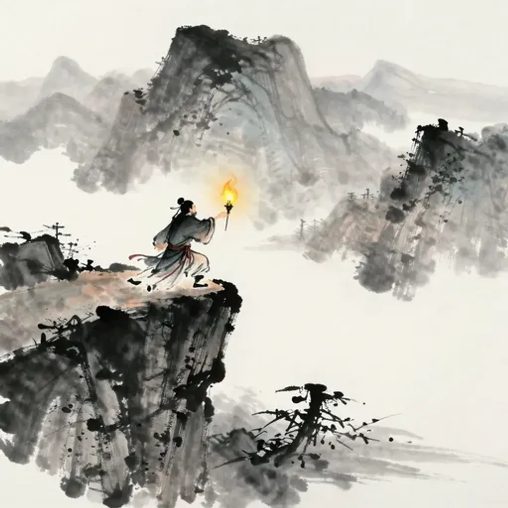 Ink brush artwork for the Yilin verse on Hexagram 10 changing to Hexagram 62