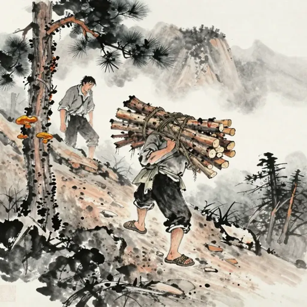 Ink brush artwork for the Yilin verse on Hexagram 11 changing to Hexagram 13