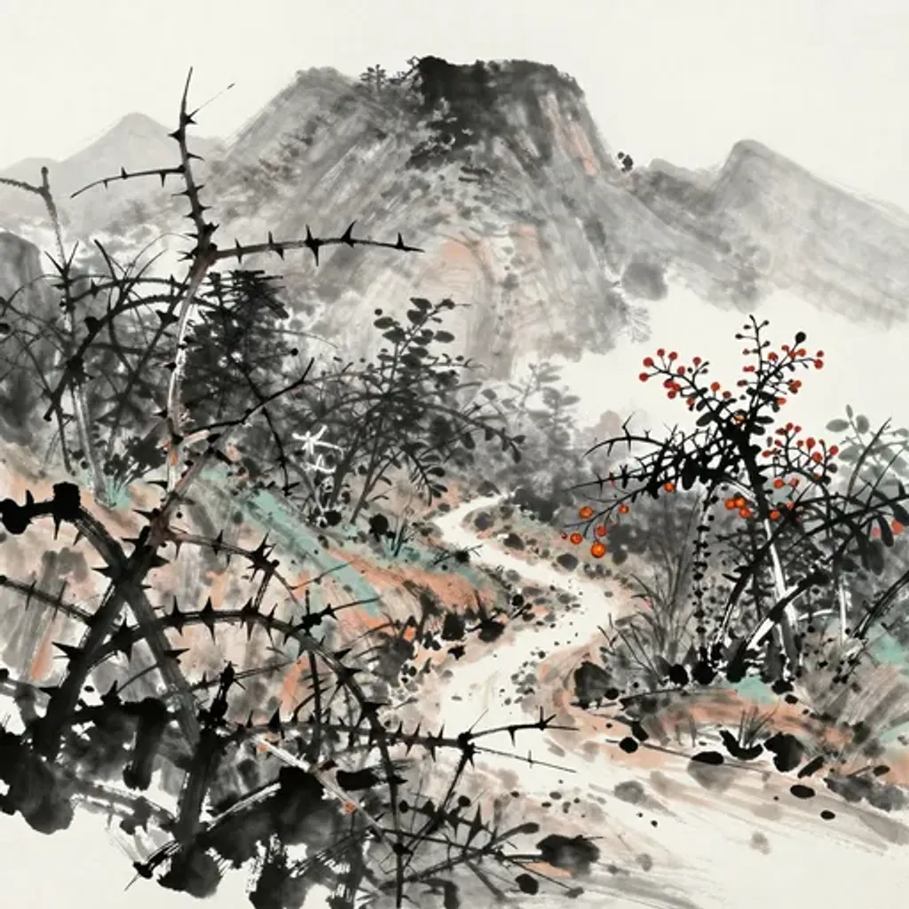 Ink brush artwork for the Yilin verse on Hexagram 11 changing to Hexagram 41
