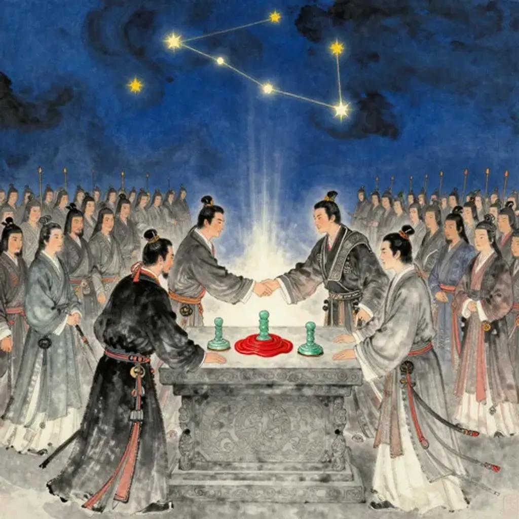 Ink brush artwork for the Yilin verse on Hexagram 11 changing to Hexagram 64