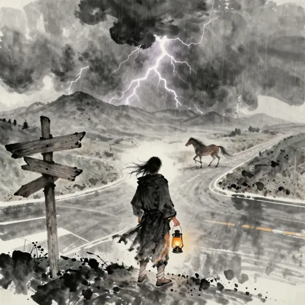 Ink brush artwork for the Yilin verse on Hexagram 11 changing to Hexagram 8