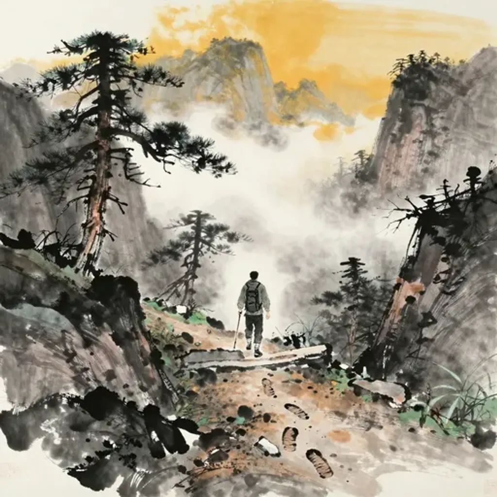 Ink brush artwork for the Yilin verse on Hexagram 12 changing to Hexagram 11
