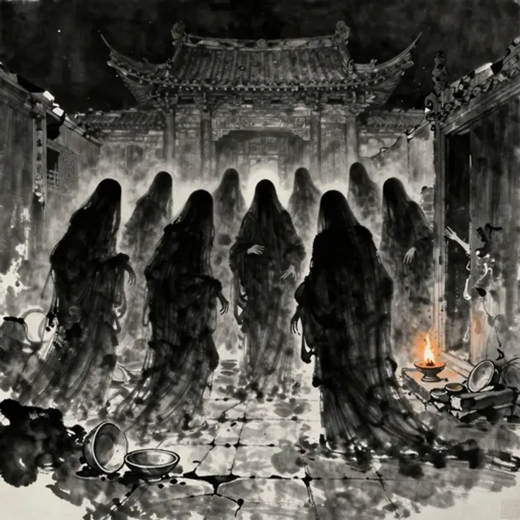 Ink brush artwork for the Yilin verse on Hexagram 12 changing to Hexagram 13