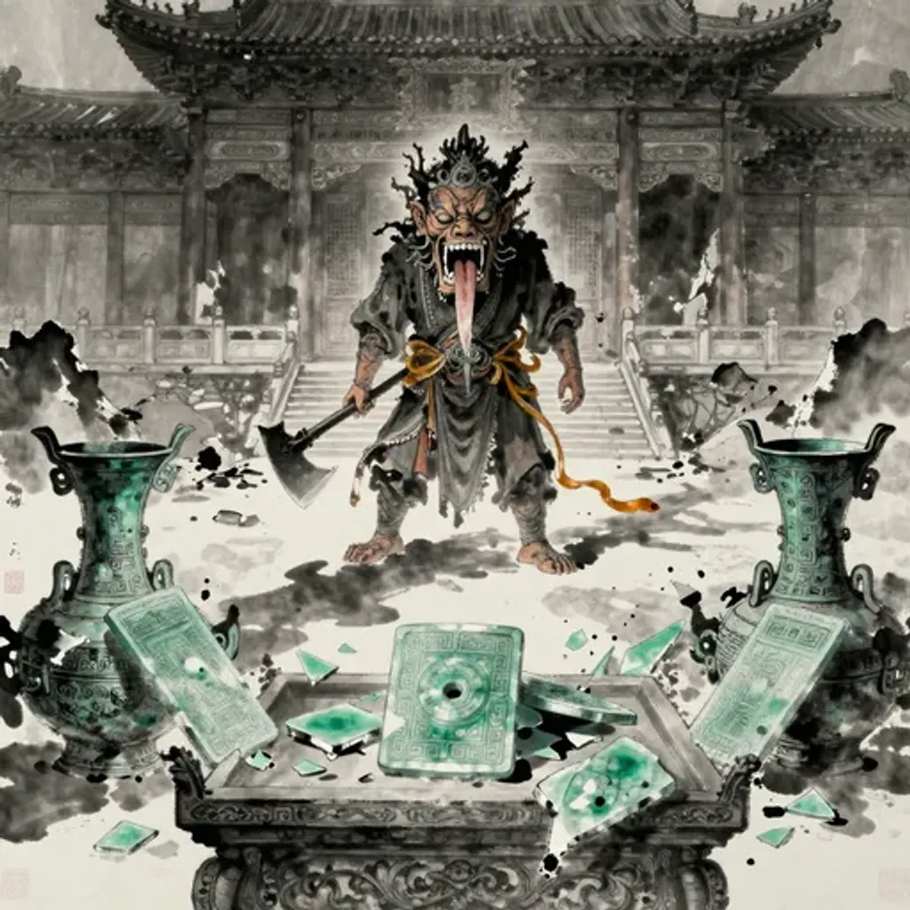 Ink brush artwork for the Yilin verse on Hexagram 12 changing to Hexagram 15