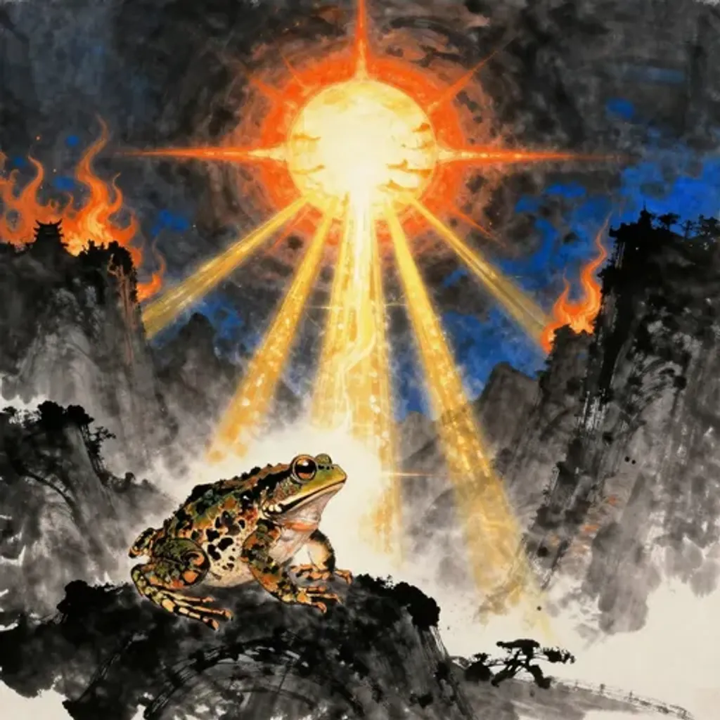 Ink brush artwork for the Yilin verse on Hexagram 12 changing to Hexagram 25