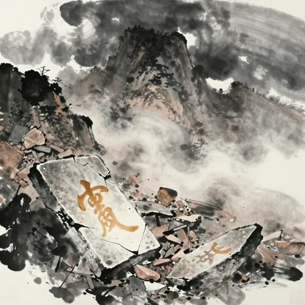 Ink brush artwork for the Yilin verse on Hexagram 12 changing to Hexagram 30