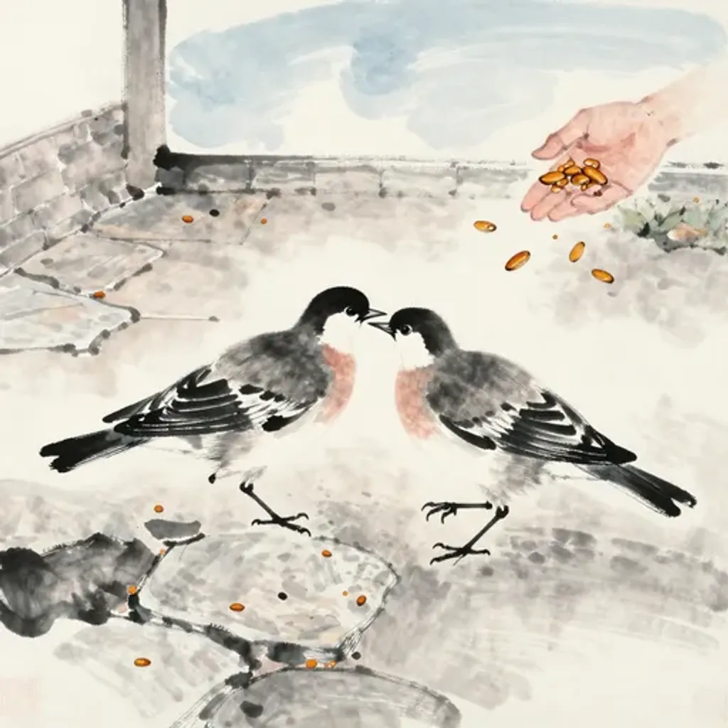 Ink brush artwork for the Yilin verse on Hexagram 12 changing to Hexagram 43