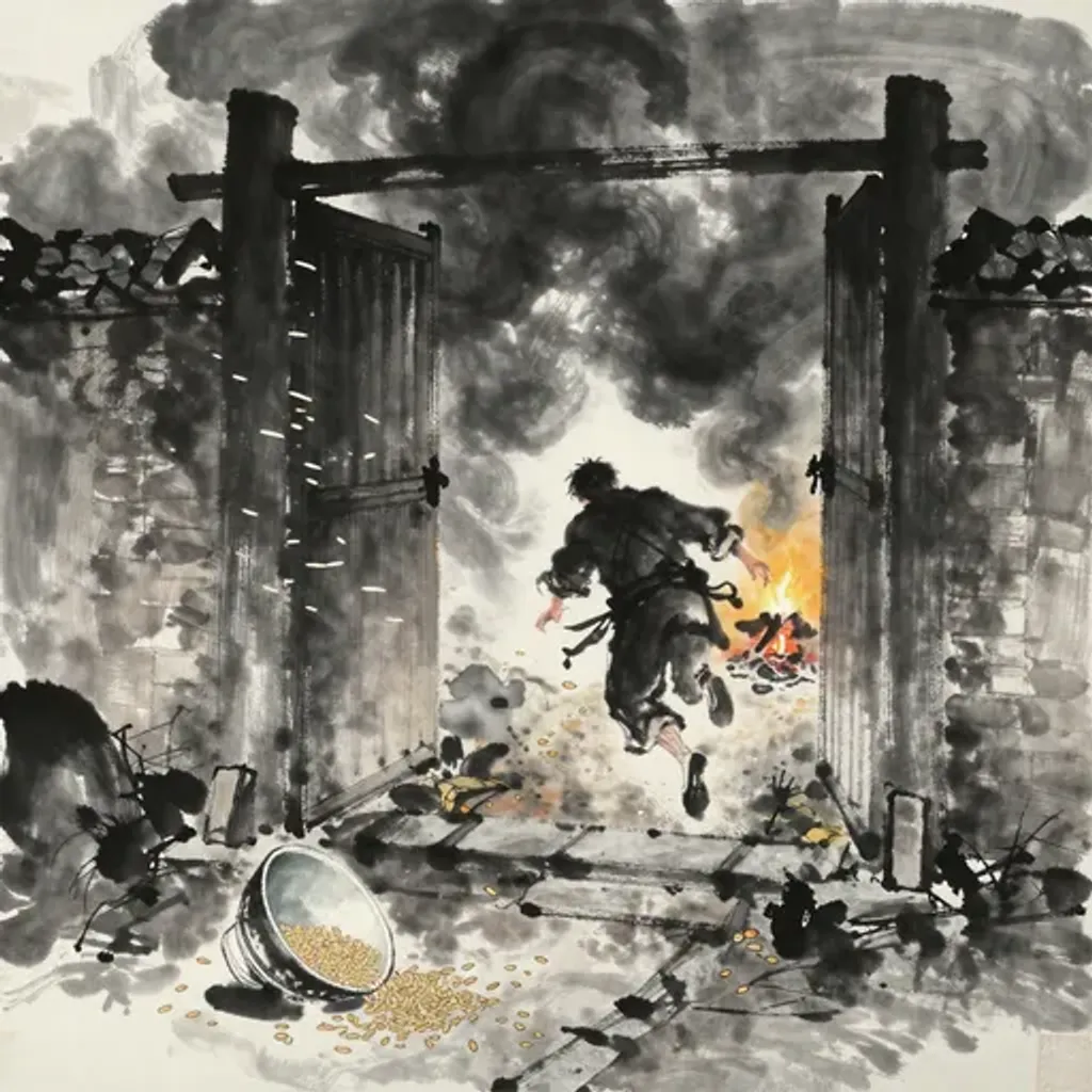 Ink brush artwork for the Yilin verse on Hexagram 12 changing to Hexagram 5