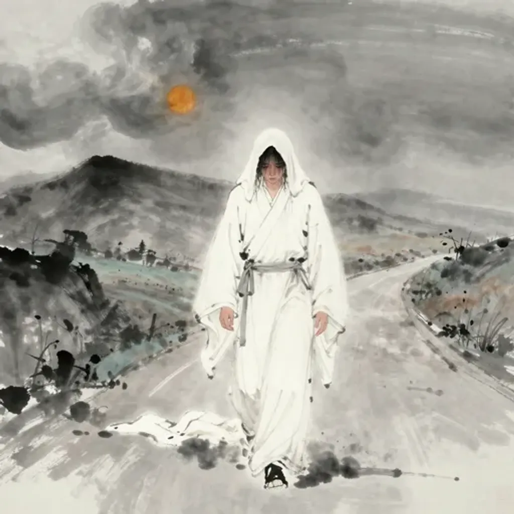 Ink brush artwork for the Yilin verse on Hexagram 12 changing to Hexagram 56