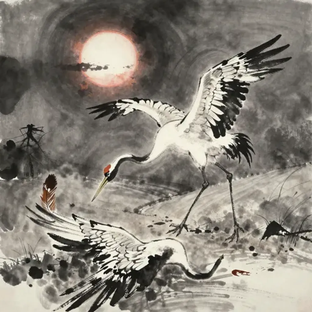 Ink brush artwork for the Yilin verse on Hexagram 12 changing to Hexagram 64