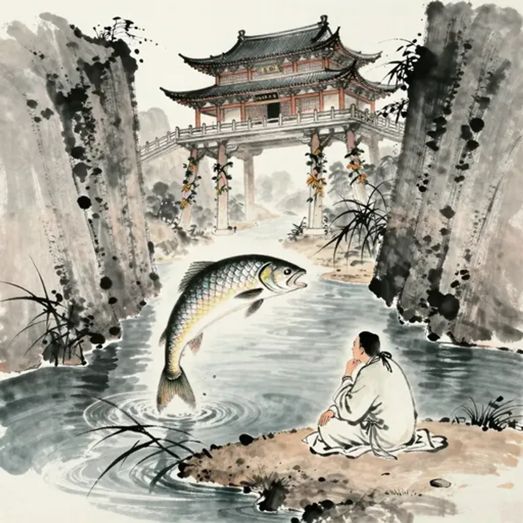 Ink brush artwork for the Yilin verse on Hexagram 13 changing to Hexagram 3