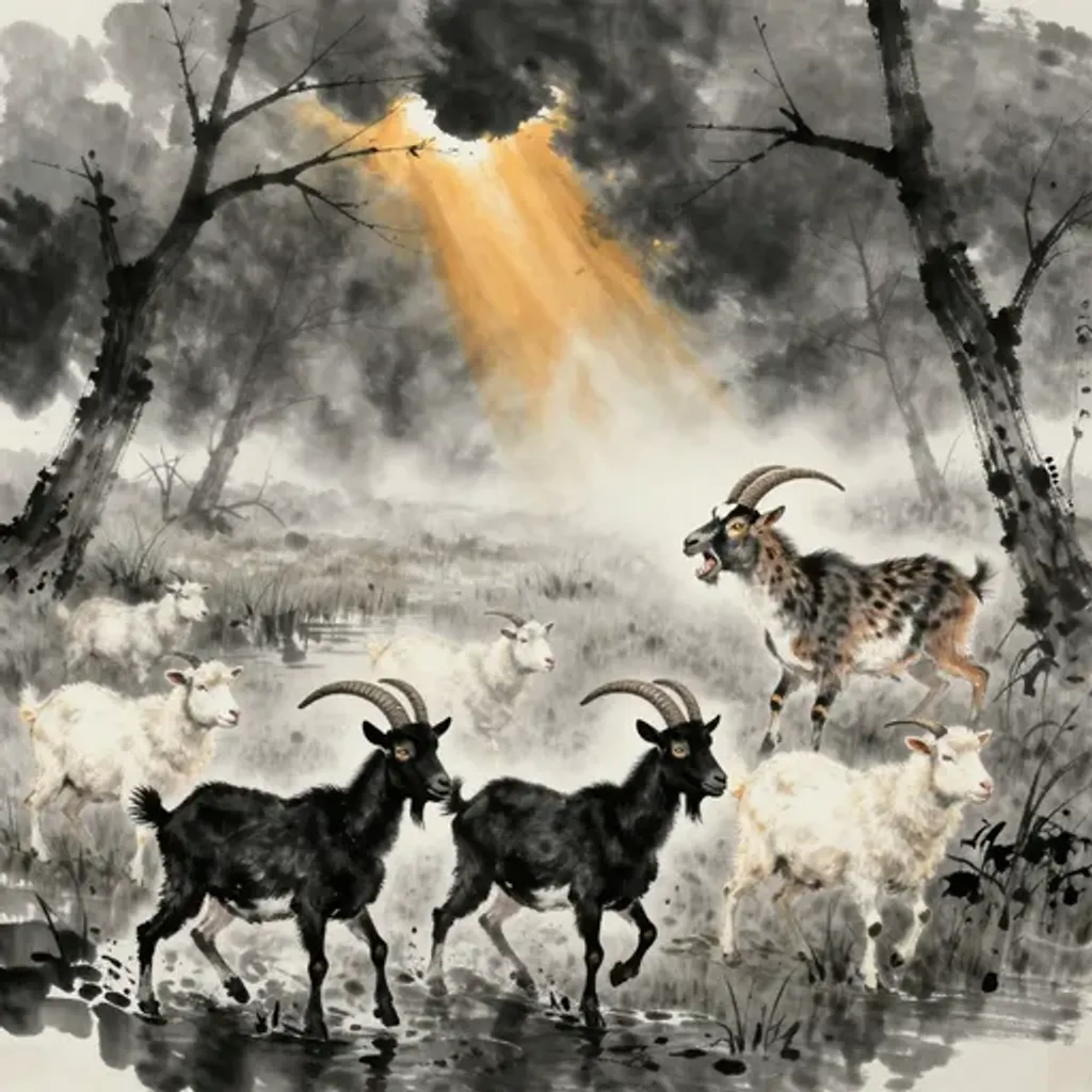 Ink brush artwork for the Yilin verse on Hexagram 13 changing to Hexagram 4