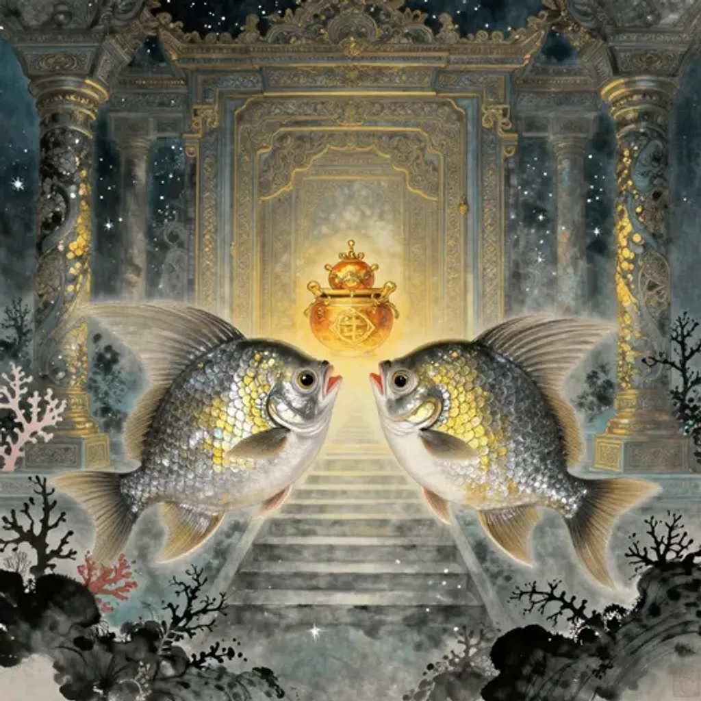 Ink brush artwork for the Yilin verse on Hexagram 13 changing to Hexagram 58