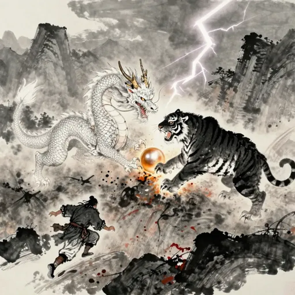 Ink brush artwork for the Yilin verse on Hexagram 13 changing to Hexagram 8