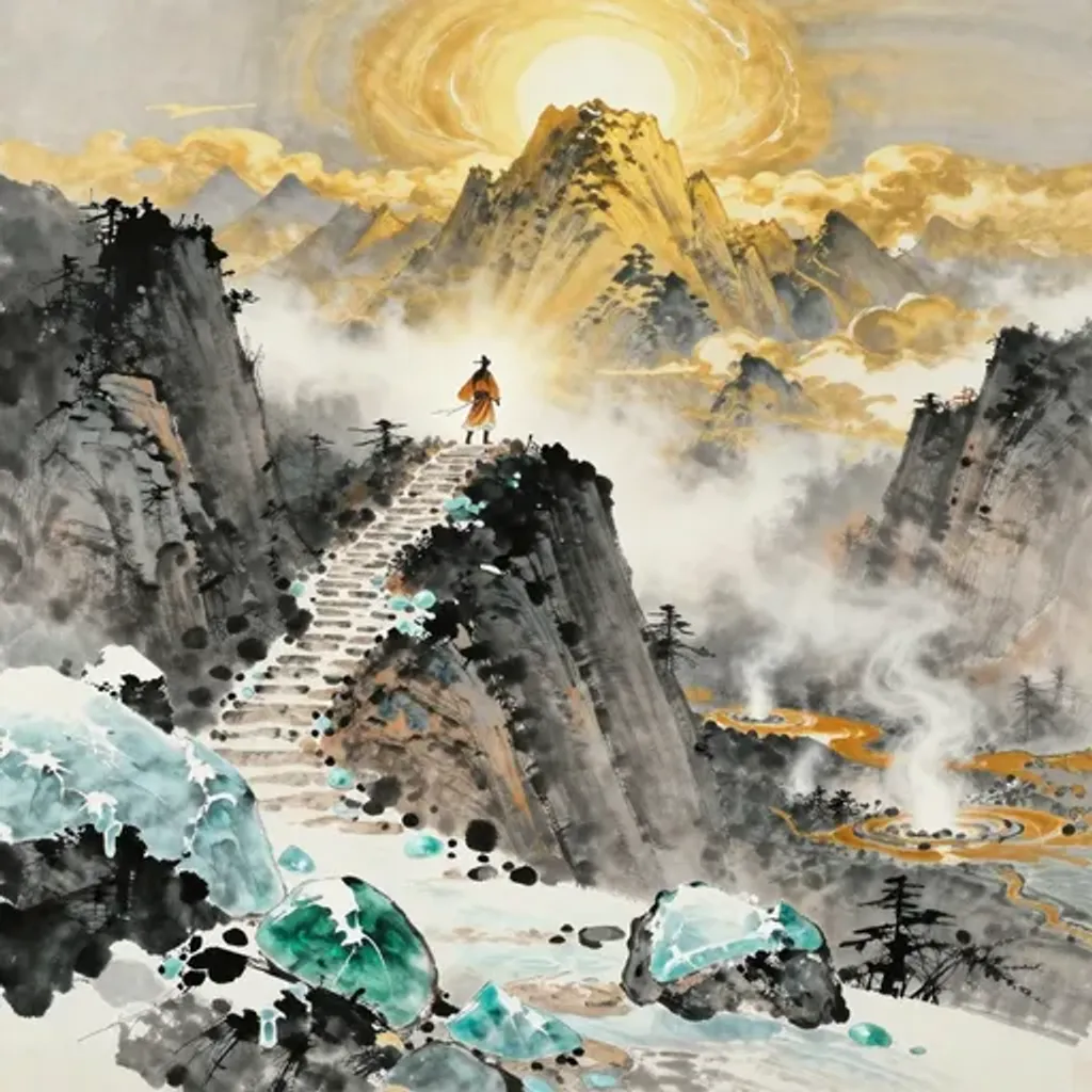 Ink brush artwork for the Yilin verse on Hexagram 14 changing to Hexagram 11