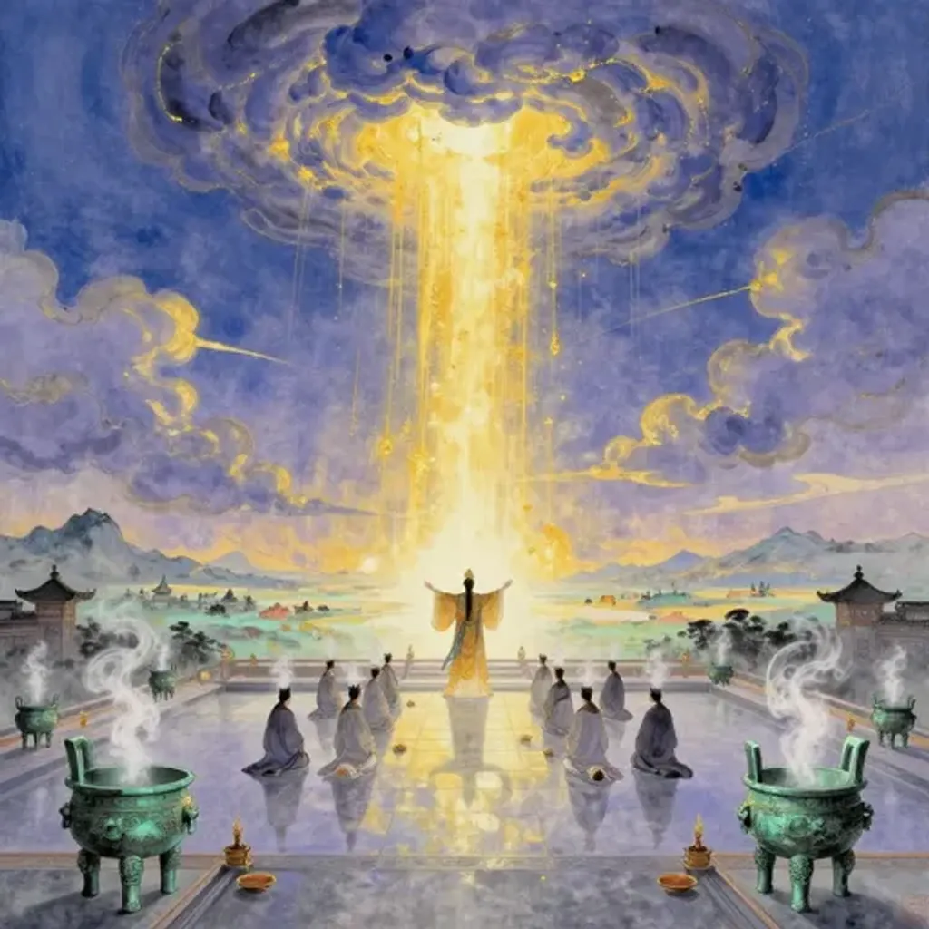 Ink brush artwork for the Yilin verse on Hexagram 14 changing to Hexagram 12