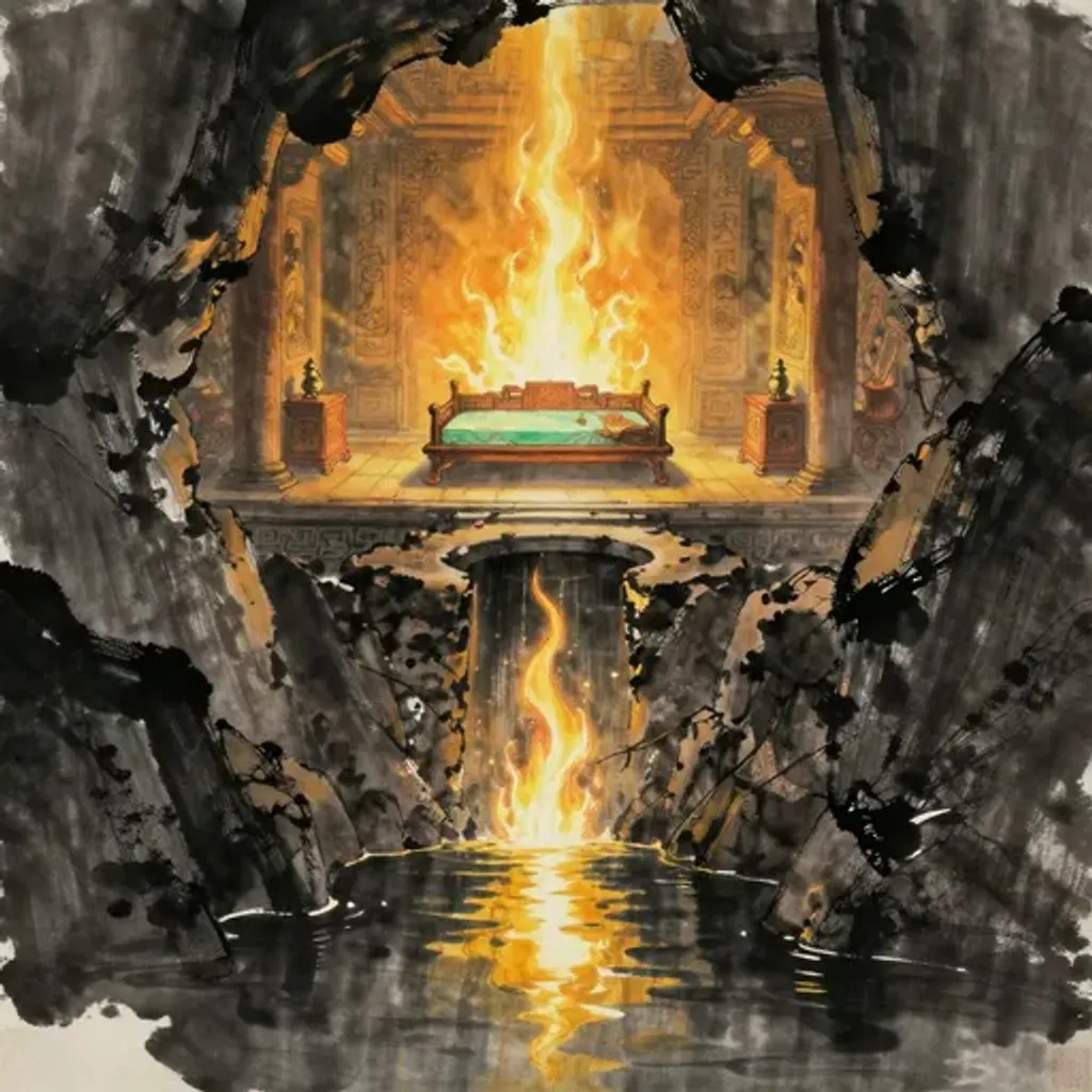 Ink brush artwork for the Yilin verse on Hexagram 14 changing to Hexagram 24