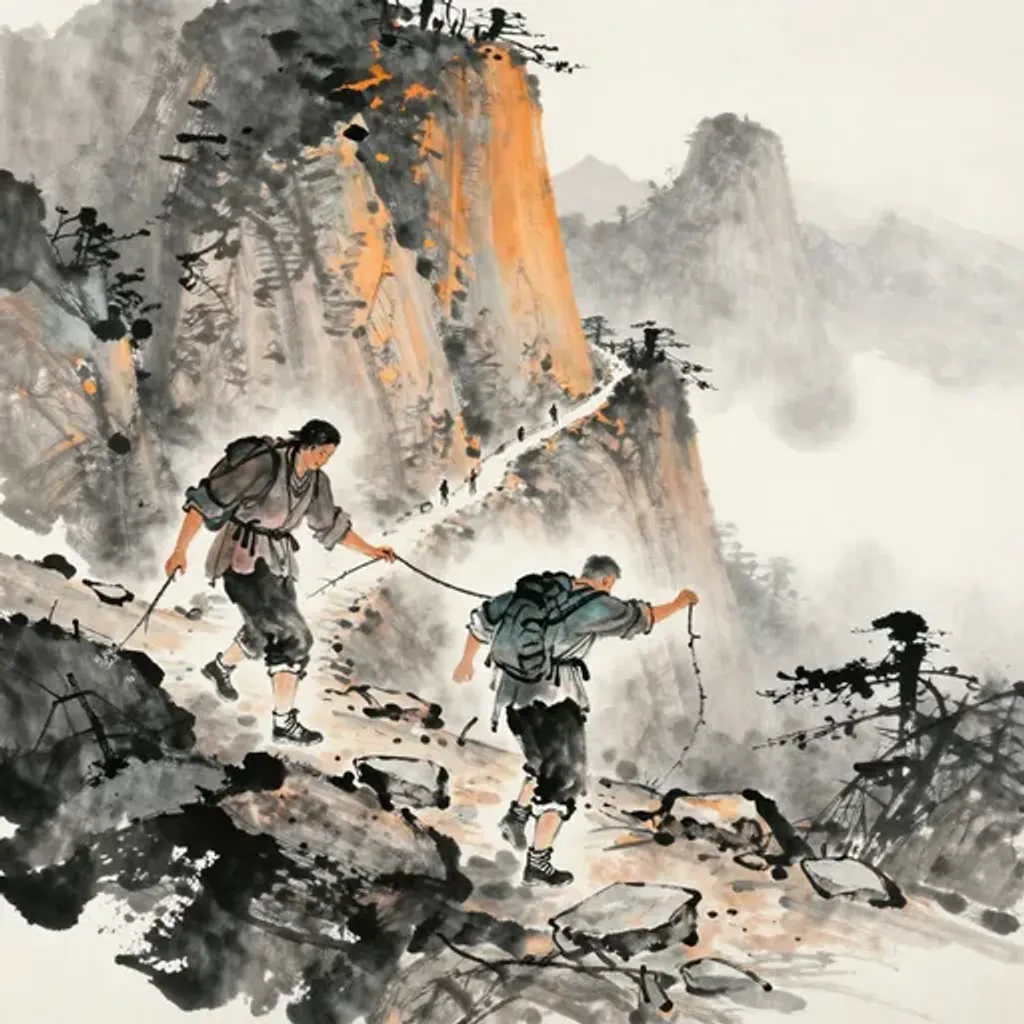Ink brush artwork for the Yilin verse on Hexagram 14 changing to Hexagram 36