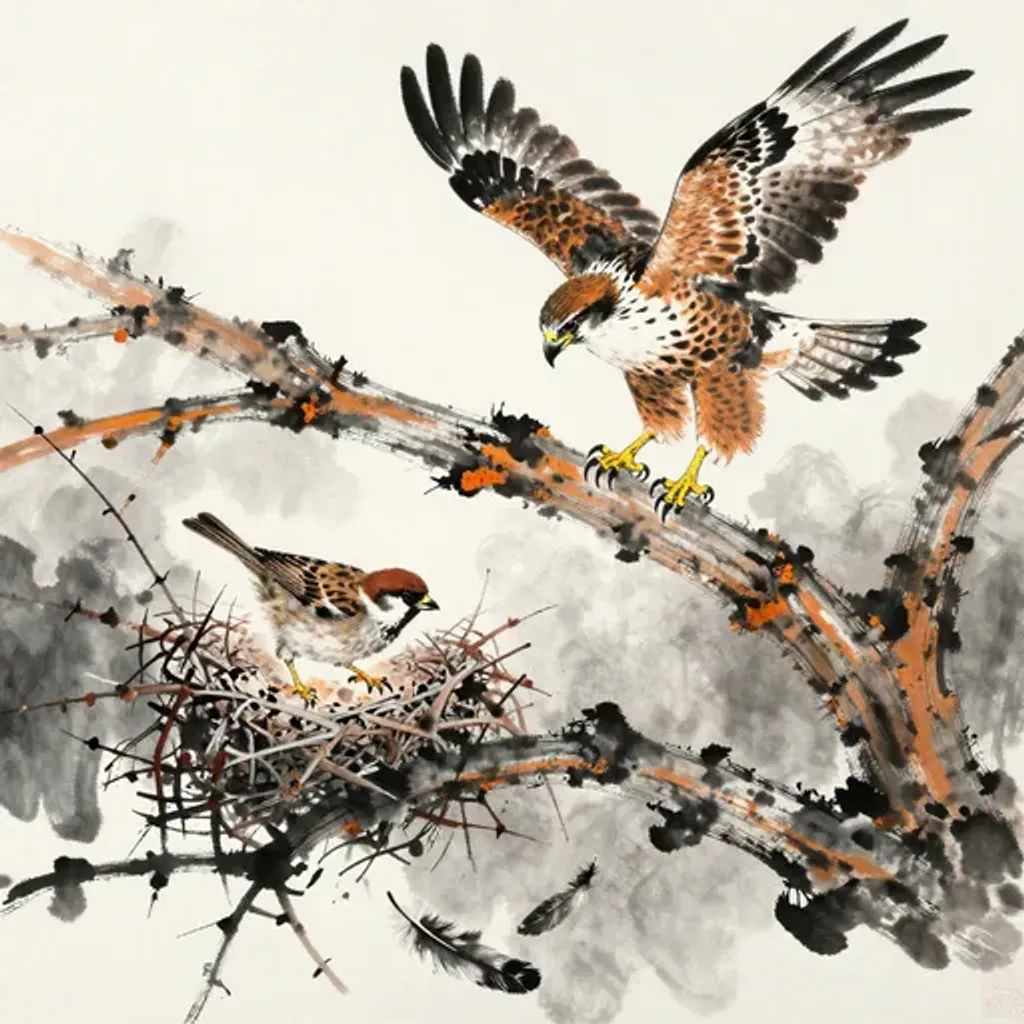Ink brush artwork for the Yilin verse on Hexagram 14 changing to Hexagram 45