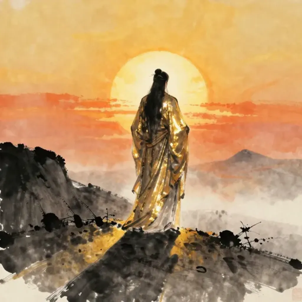 Ink brush artwork for the Yilin verse on Hexagram 14 changing to Hexagram 61