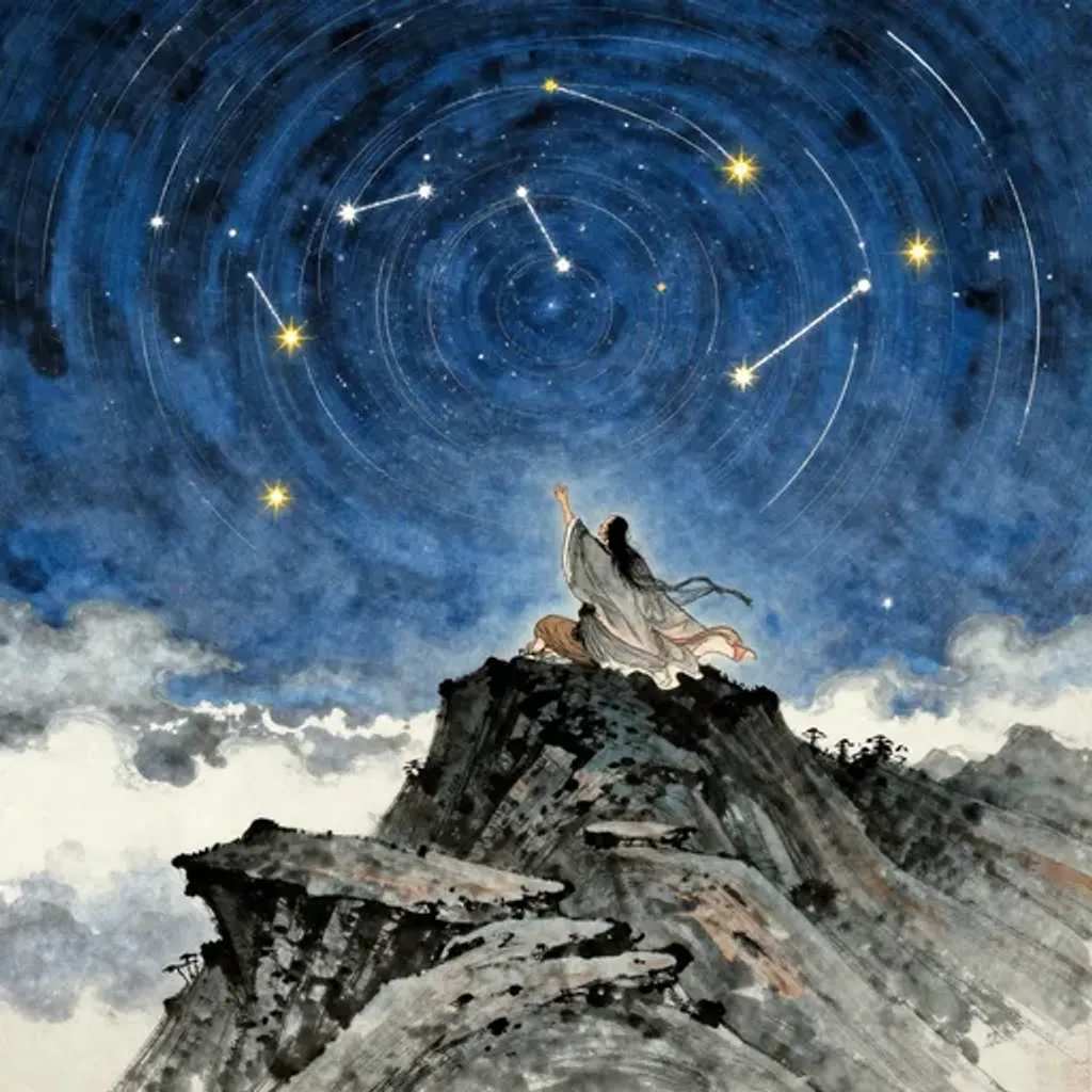 Ink brush artwork for the Yilin verse on Hexagram 15 changing to Hexagram 20