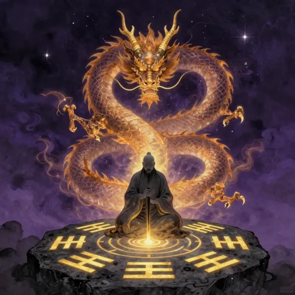 Ink brush artwork for the Yilin verse on Hexagram 15 changing to Hexagram 46