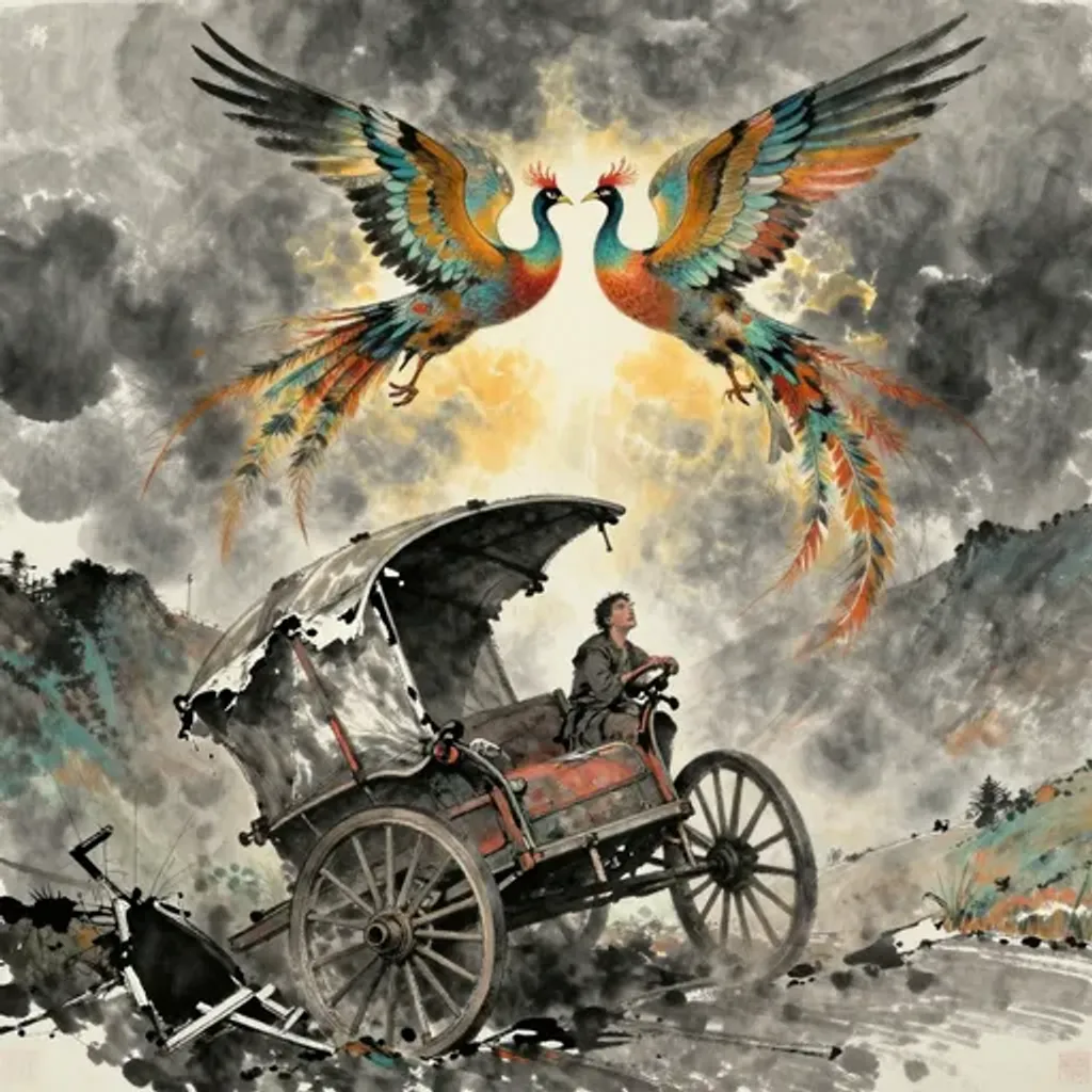 Ink brush artwork for the Yilin verse on Hexagram 15 changing to Hexagram 51