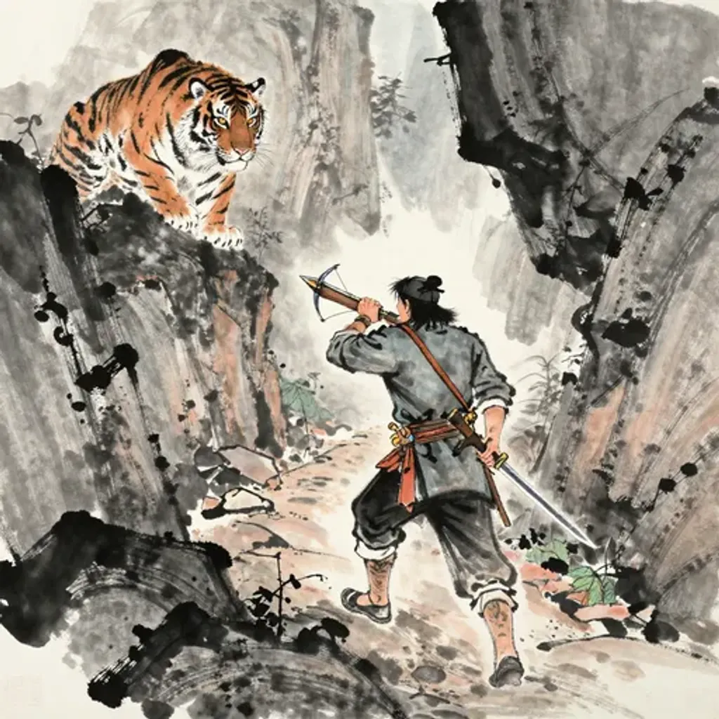Ink brush artwork for the Yilin verse on Hexagram 16 changing to Hexagram 21