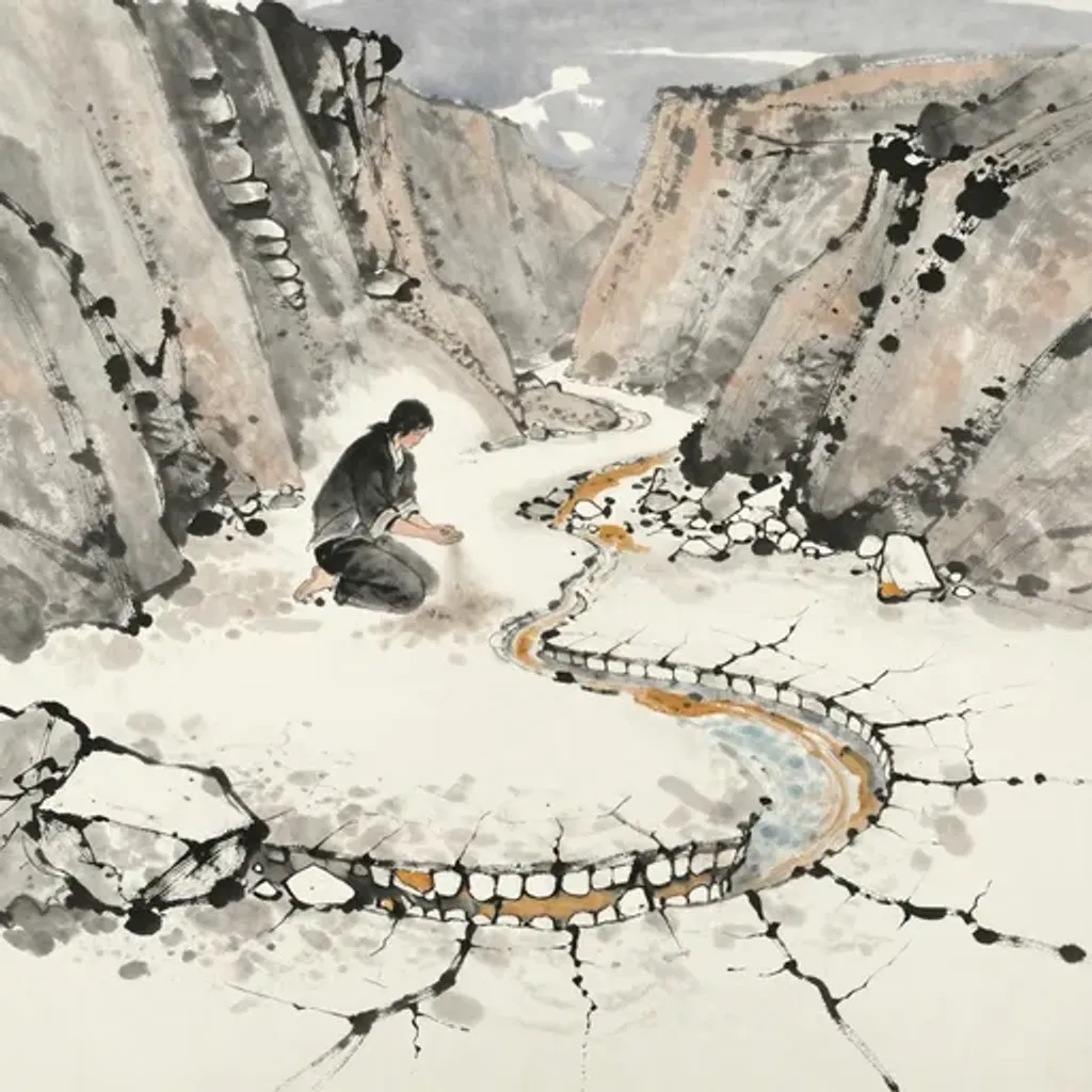 Ink brush artwork for the Yilin verse on Hexagram 16 changing to Hexagram 22