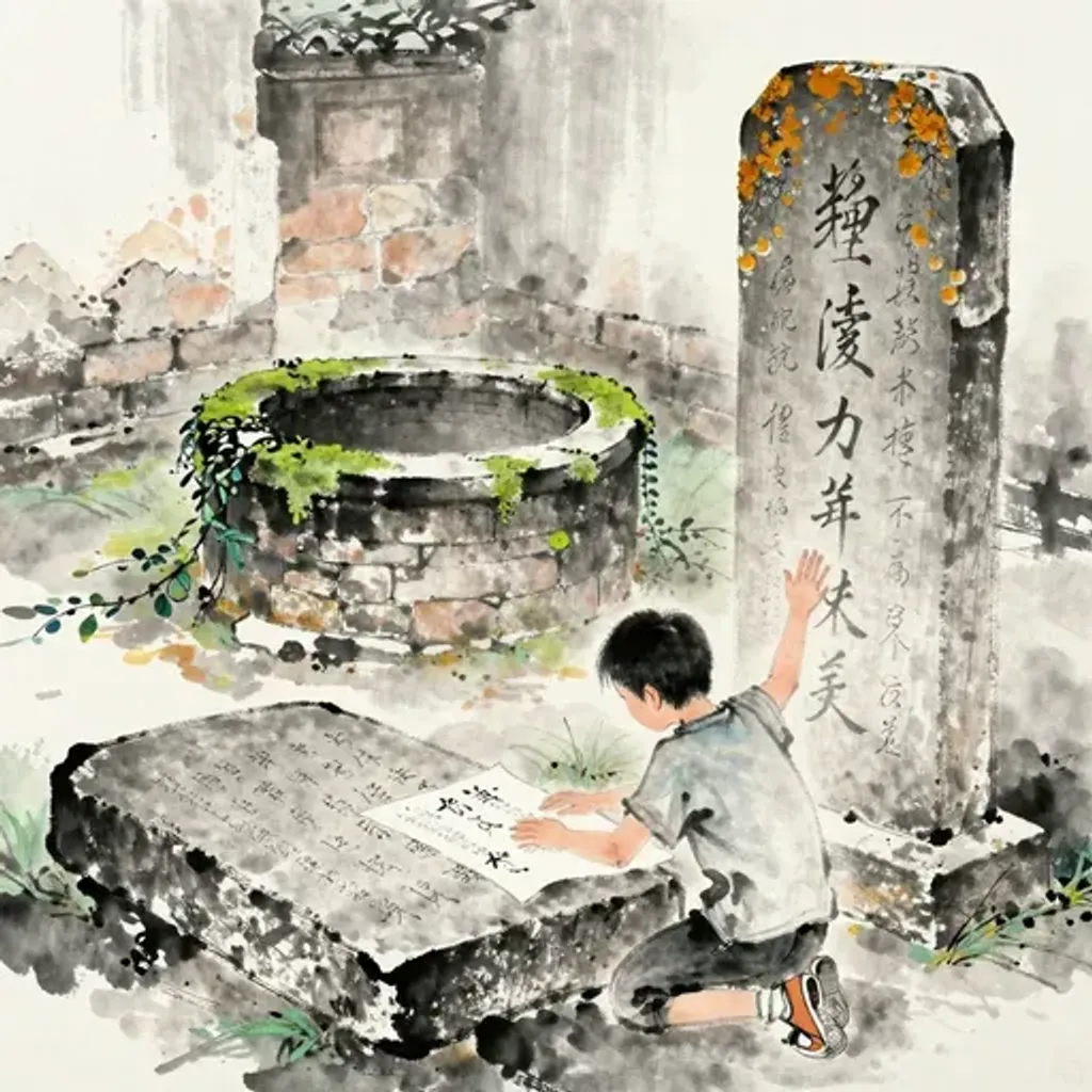 Ink brush artwork for the Yilin verse on Hexagram 16 changing to Hexagram 4