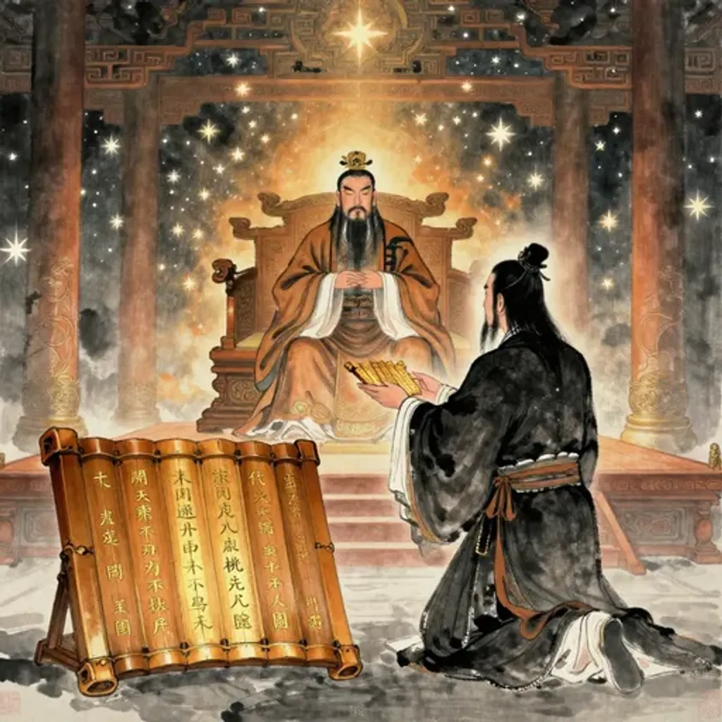 Ink brush artwork for the Yilin verse on Hexagram 16 changing to Hexagram 43