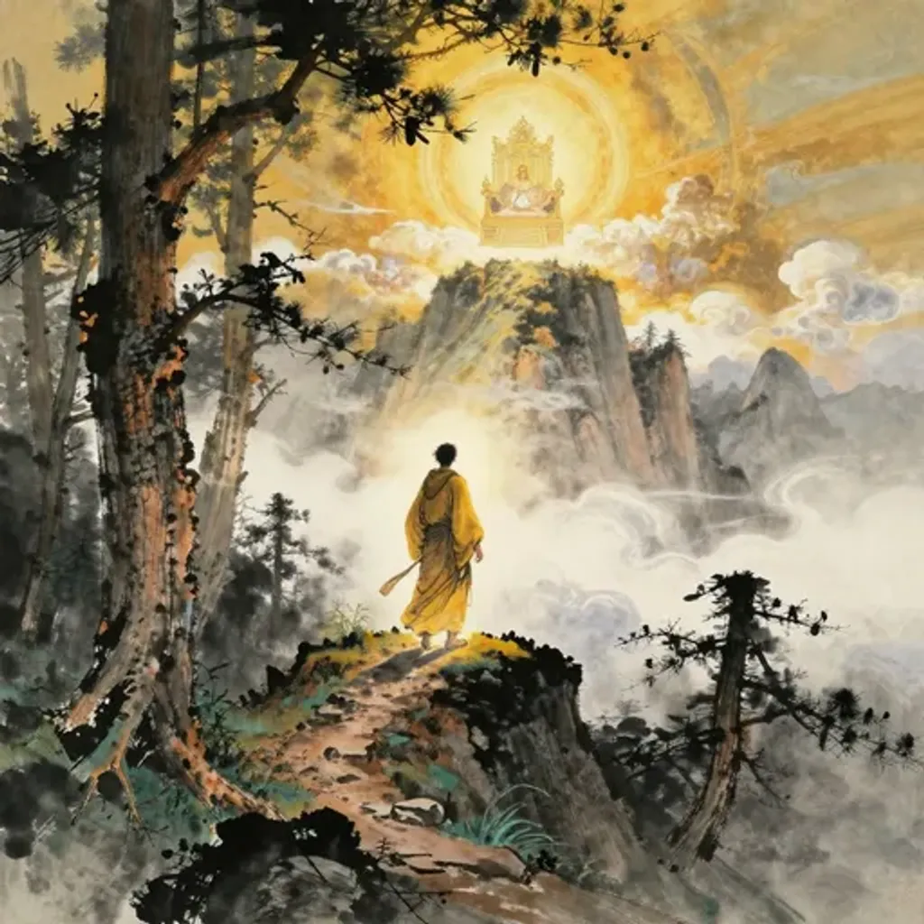 Ink brush artwork for the Yilin verse on Hexagram 16 changing to Hexagram 52