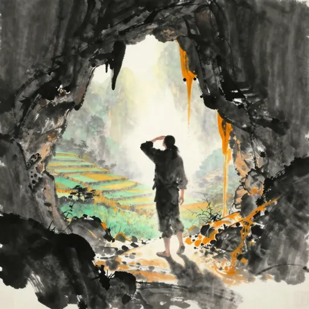 Ink brush artwork for the Yilin verse on Hexagram 17 changing to Hexagram 29