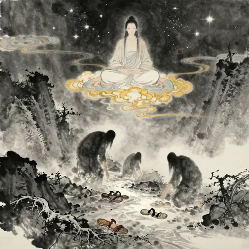 Ink brush artwork for the Yilin verse on Hexagram 17 changing to Hexagram 40