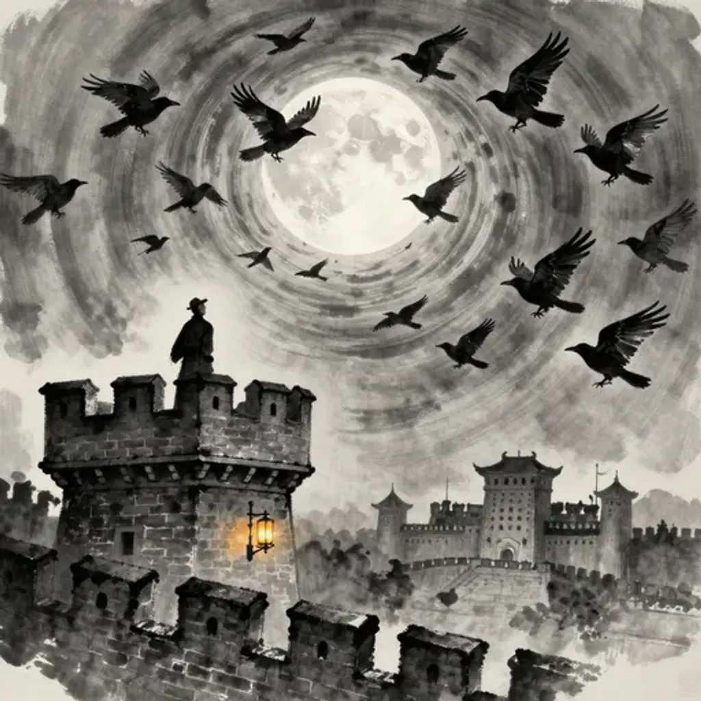 Ink brush artwork for the Yilin verse on Hexagram 17 changing to Hexagram 42