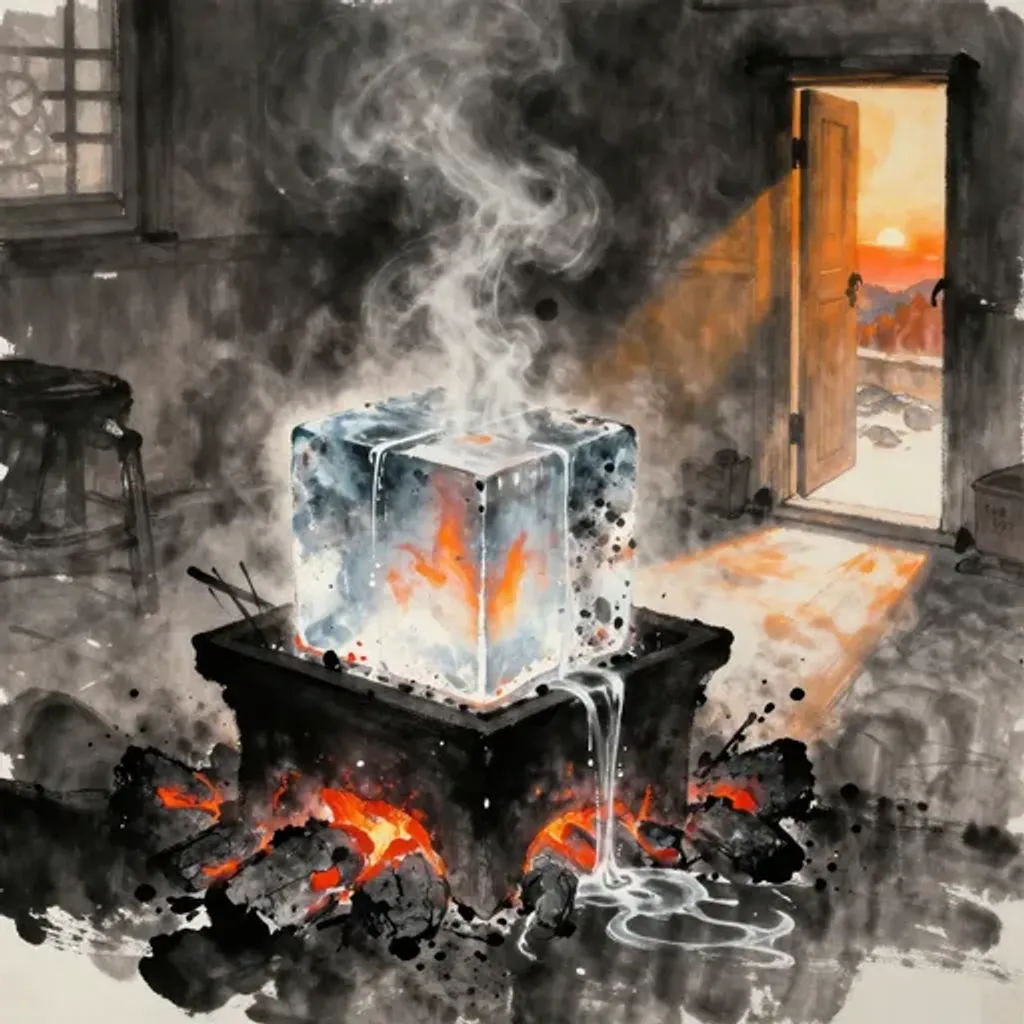Ink brush artwork for the Yilin verse on Hexagram 17 changing to Hexagram 47