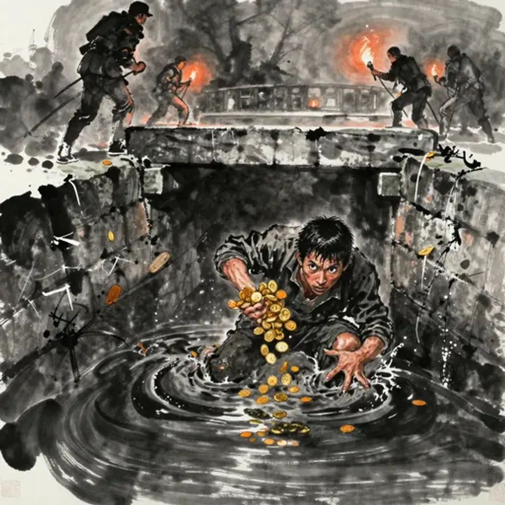 Ink brush artwork for the Yilin verse on Hexagram 17 changing to Hexagram 49