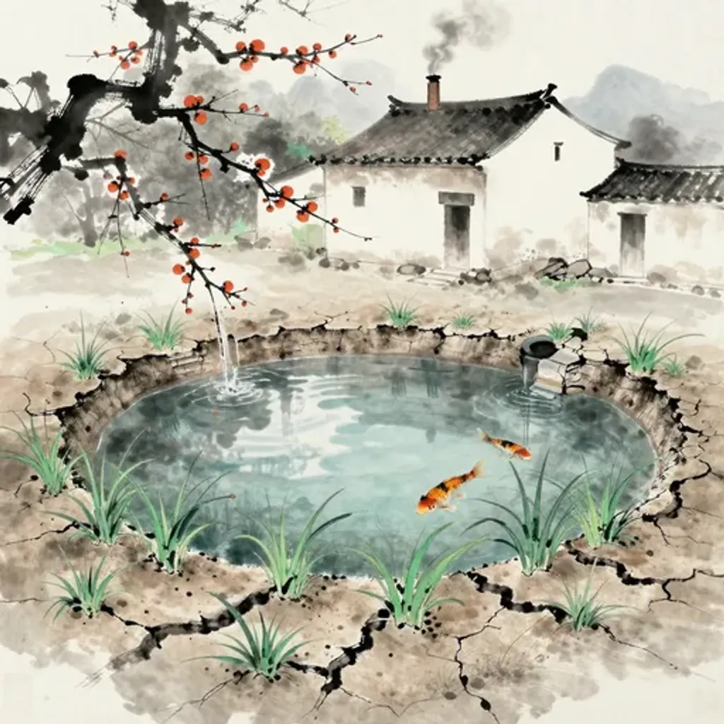 Ink brush artwork for the Yilin verse on Hexagram 17 changing to Hexagram 50