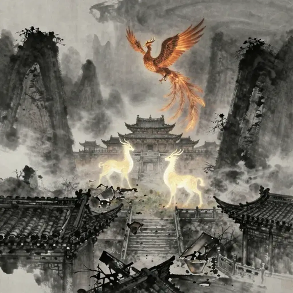 Ink brush artwork for the Yilin verse on Hexagram 17 changing to Hexagram 54