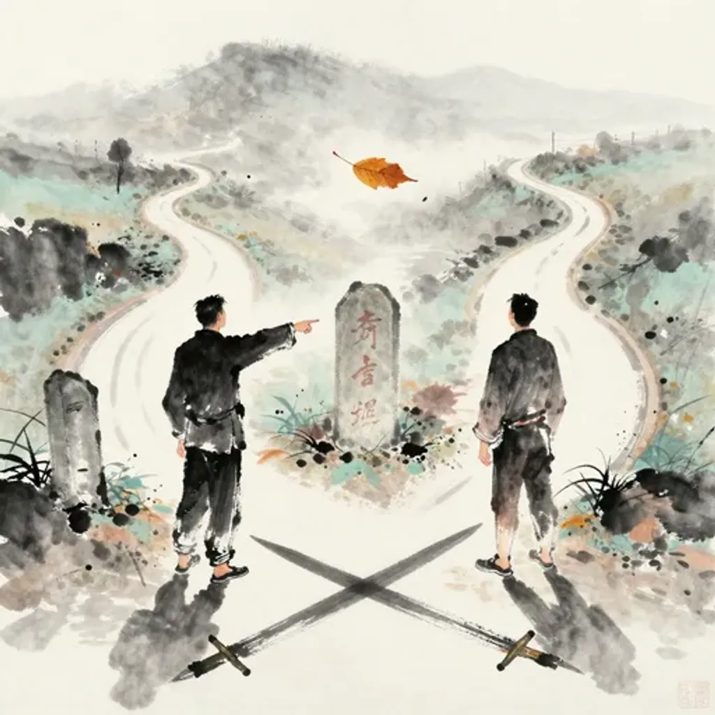 Ink brush artwork for the Yilin verse on Hexagram 17 changing to Hexagram 58