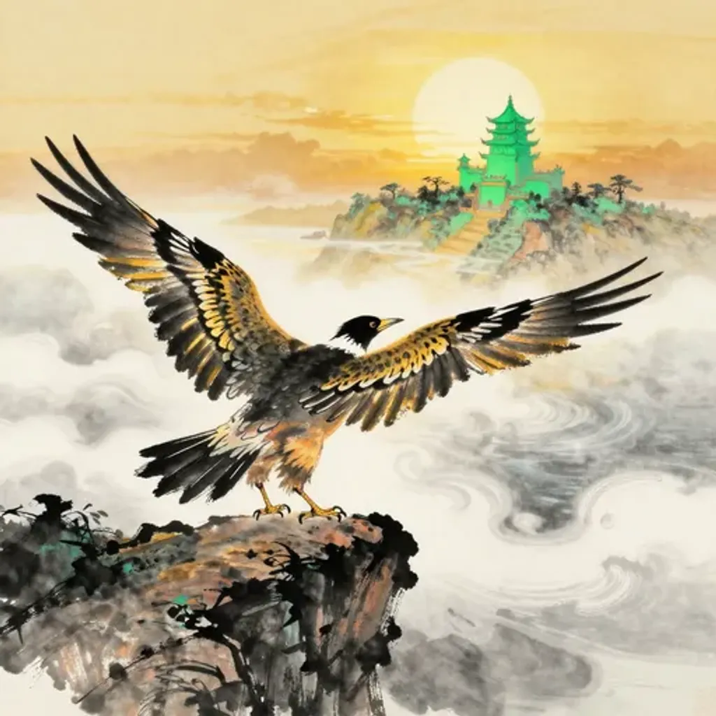 Ink brush artwork for the Yilin verse on Hexagram 17 changing to Hexagram 9