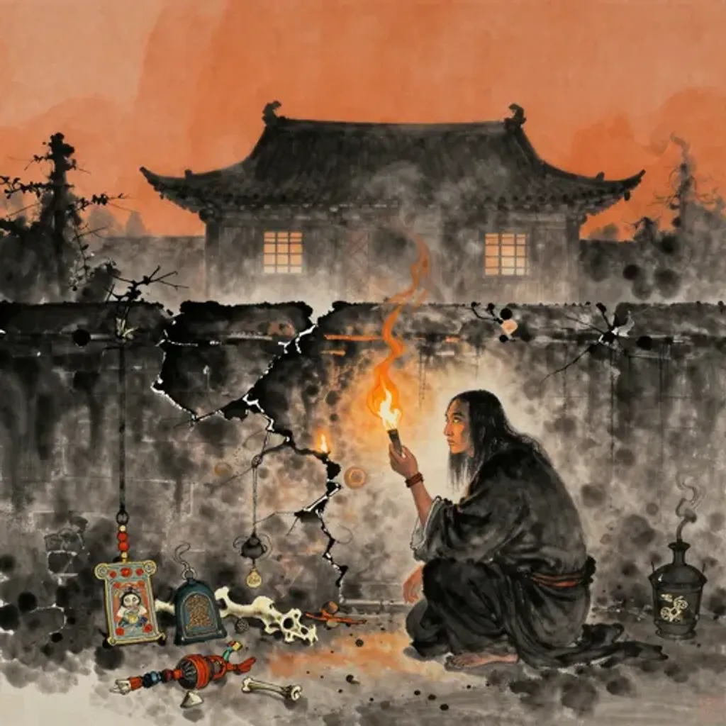 Ink brush artwork for the Yilin verse on Hexagram 18 changing to Hexagram 11