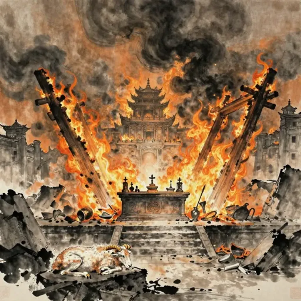 Ink brush artwork for the Yilin verse on Hexagram 18 changing to Hexagram 13