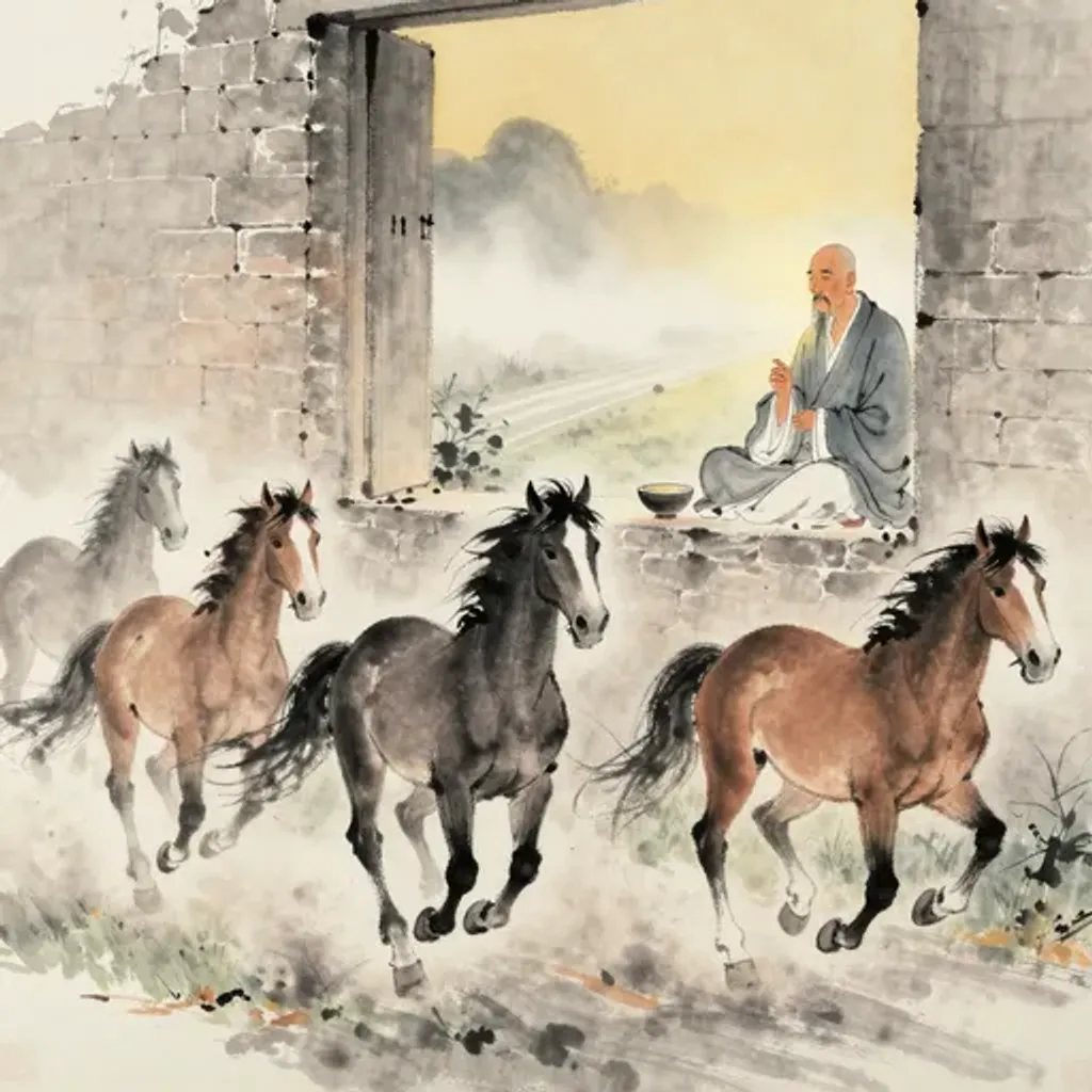 Ink brush artwork for the Yilin verse on Hexagram 18 changing to Hexagram 33