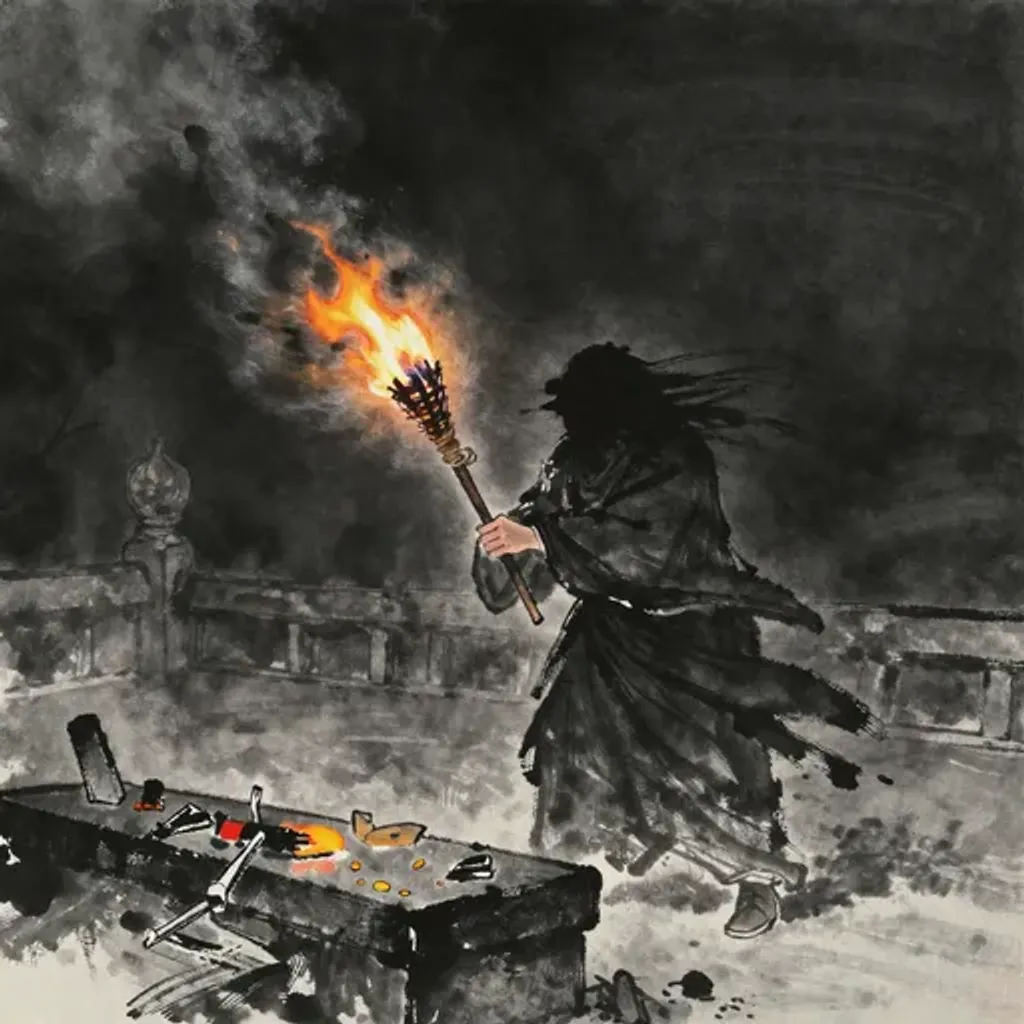 Ink brush artwork for the Yilin verse on Hexagram 18 changing to Hexagram 39